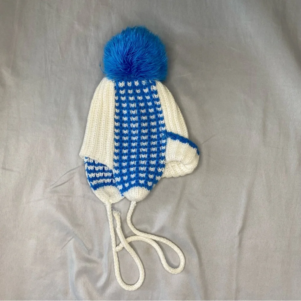 Vintage Kmart Children’s Winter Knit Ski Hat With Pom Blue‎ White 1980s